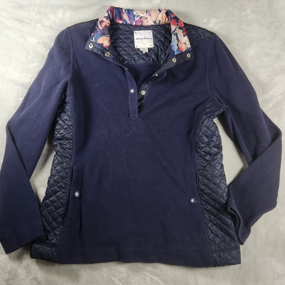 Tommy Bahama Womens Navy Floral Trim Knit Mock Neck Snap Pullover S Preppy Golf